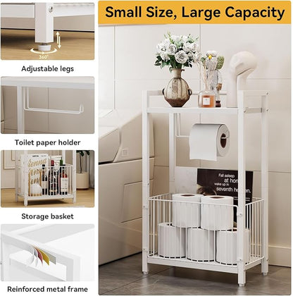 IBUYKE Freestanding Toilet Paper Holder Stand with Storage Shelf,Bathroom Toilet Tissue Roll Dispenser with Extra Space for Rolls, Magazines, Wet Wipes White TLJ020W