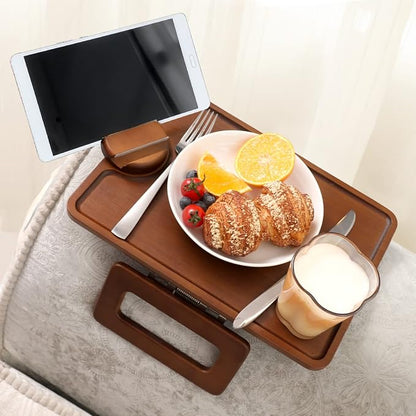 Smatdecis Couch Arm Tray Table Sofa Arm Clip, Armrest Tray Table Suitable for Home Drinks/Fast Food/Fruit Etc, Large Size Multi-Function Brown(360° Rotating Stand A)