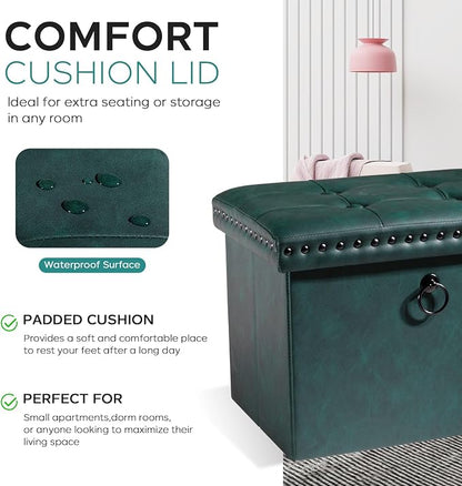 oakvivo Small 16 x 12 x12 Inches Folding Storage Ottoman, Faux Leather Foot Rest Stool with Rivet Design, Ottoman with Storage Vanity Stool Coffee Table for Living Room, Bedroom, Load 242 lbs, Green