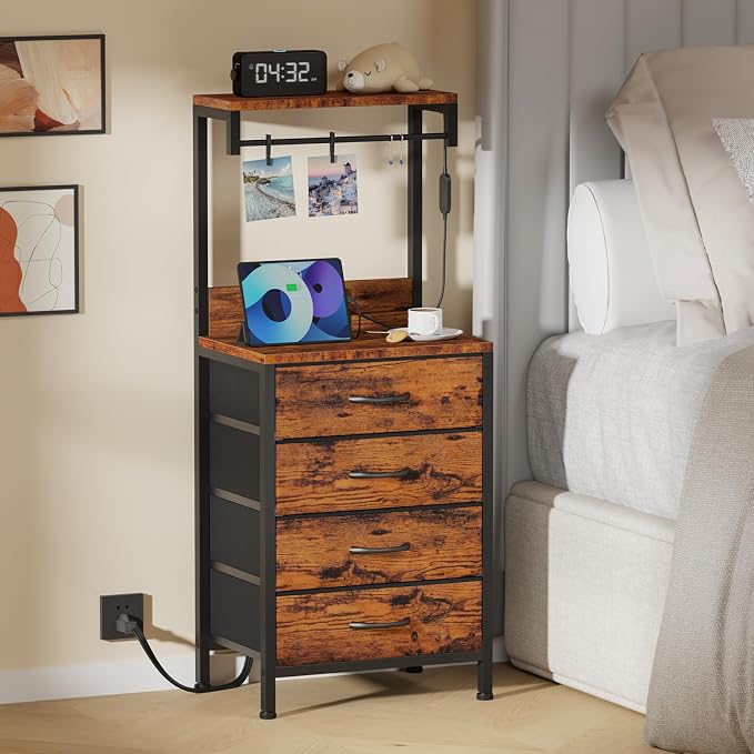 Furnulem Night Stand with Charger Station, 38'' Tall Nightstand with 4 Fabric Drawers and LED Lights, Bedside Table with Storage Shelf for Bedroom, Office, Metal Frame, Wood Shelves, Rustic Brown | with Charging Station
