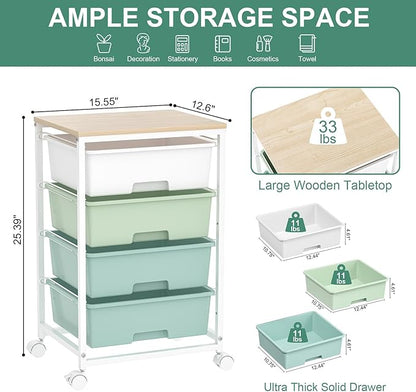 SYKIARIOL Utility Cart with 4 Drawers,Rolling Storage Cart with Drawers,Storage Rolling Drawer Cart with Wooden Tabletop for Bedroom,Kid's Room,Dorm,Classroom,Office,Green