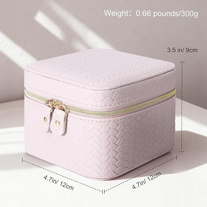 DesignSter Travel Jewelry Case for Woman, Small Travel Jewelry Box with Mirror,4.72×4.72×3.54 inches,Portable Design Travel Jewelry Organizer,Double Headed Zipper