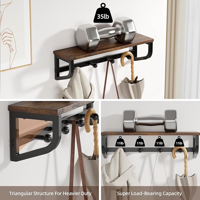 Coat Rack Wall Mount, Wood Wall Shelf with Hooks, Coat Hanger Wall Mount with 4 Metal Hooks, Wall Mounted Coat Rack Organizer for Entryway, Bedroom, Living Room, Room Decor, Brown 2 Pack