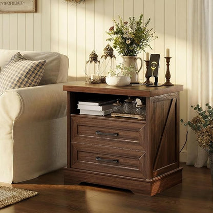 AODK 24 Inch Farmhouse Nightstand with Charging Station, Wood Bedside Table with 2 Drawers, Rustic Wood End Table with Outlet and USB for Bedroom, Dark Walnut