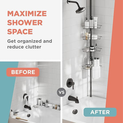 Zenna Home Tension Pole Shower Caddy Corner Organizer, Adjustable Standing Shower Caddy with 4 Baskets and Towel Bar, Rust Resistant Bathroom Tension Rod Organizer, 60 to 97 Inch, Bronze | Adjustable, Built in Towel Bar, Rust-Resistant