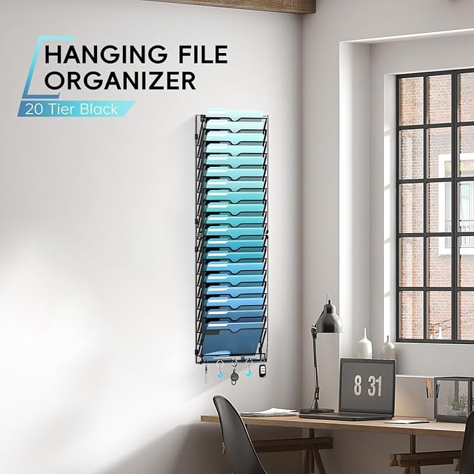 20-Tier Wall File Organizer with 5 Hooks, Hanging Mail Organizer Wall Mounted File Holder, Magazine Rack for Papers, Folders, Magazines, Office Organization, Assembly Needed, Black