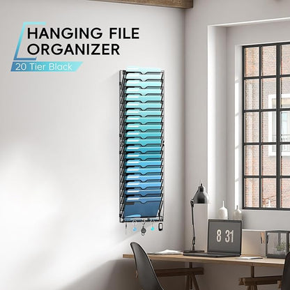 20-Tier Wall File Organizer with 5 Hooks, Hanging Mail Organizer Wall Mounted File Holder, Magazine Rack for Papers, Folders, Magazines, Office Organization, Assembly Needed, Black