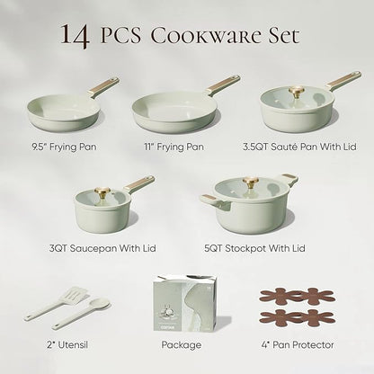 CAROTE Ceramic Cookware Set Nonstick, 14pcs Pots and Pans Set Nonstick, Non-Toxic & PFAS-Free, Dishwasher, RV/Camping Cookware Set, Cooking Pots with Lids, Sage Green