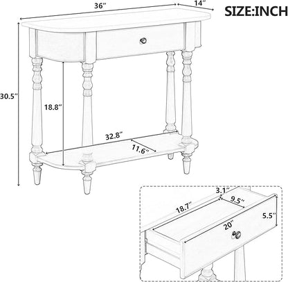 HMFULE Retro Curved Console Table, 36" Solid Wood Half Moon Console Table Sofa Table Entryway Table with 1 Drawer 1 Open Shelf Roman Legs Curved Corners for Living Room,Entryway,Hallway,White