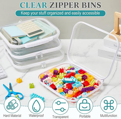 Sanwuta 4 Pcs Clear Hard Zipper Case with Handle Office Storage Cases Hard Plastic Pouches Transparent Bins for Crafts, Snacks, Cosmetics, Puzzles(9.8 x 7.9 x 2 Inches,White)