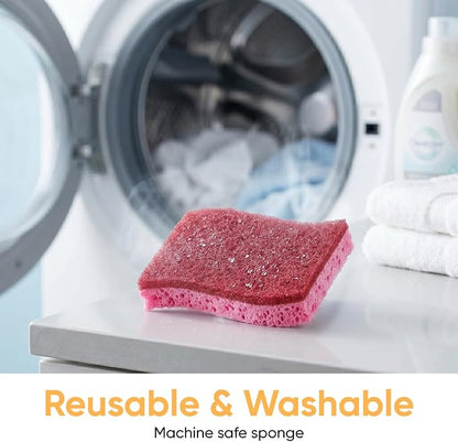 Non-Scratch Cellulose Sponge Kitchen Scrub Sponge with Scouring Pad Set, Good for Non-Stick Cookware Frying Pan, Pot, Counter Top, Sink Scrubbing, Kitchen Scrubbers, Pack of 2, (Red/Pink)