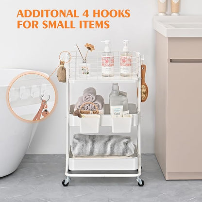 KINGRACK 3 Tier Rolling Cart, Metal Mobile Storage Shelf with Lockable Wheels, Prevent Falling Utility Trolley Cart, Storage Organizer for Kitchen, Office, Bathroom, Dorm, White