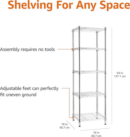 Amazon Basics 5-Shelf Tower Adjustable Storage Shelving Unit, Chrome, 16" x 16" x 54", 150 lbs Per Shelf | Tower