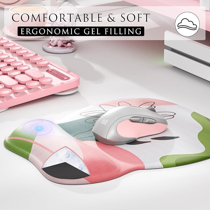 MROCO Ergonomic Mouse Pad with Gel Wrist Rest, 9.4 x 8.1 in, Pastel Petals | Ergonomic Shape Design, Multiple Pattern Options, Gel Wrist Comfort, Smooth Lycra Surface, Non-Slip PU Base