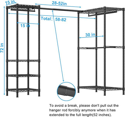 E10L L-Shaped Clothes Rack for Corner（With Expandable Hanger Rod）Heavy Duty Freestanding Clothing Racks for Hanging Clothes，Portable Garment Rack 58-82"W x 30"D x 72"H，Max Load 900LBS，Black