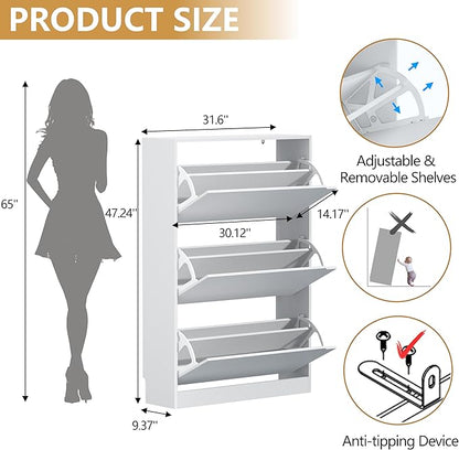 Shoe Cabinet with 3 Flip Drawers, 47" Slim Hidden Wood Shoe Storage Cabinet with Adjustable Shelf, Freestanding Narrow Shoe Rack Organizer for Entryway, Hallway, White
