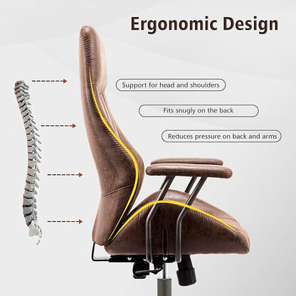 ovios Home Office Chair, Mid-Century Modern Faux Suede Leather Ergonomic Chairs, High Back Comfy Computer Swivel Rolling Task Executive Armchair, Dark Brown
