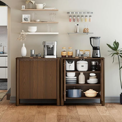 Buffet Cabinet with Storage, Accent Sideboard Cabinet with Adjustable Shelves, Solid Wood Freestanding Storage Cabinet for Living Room Dining Room Entry Kitchen, Walnut