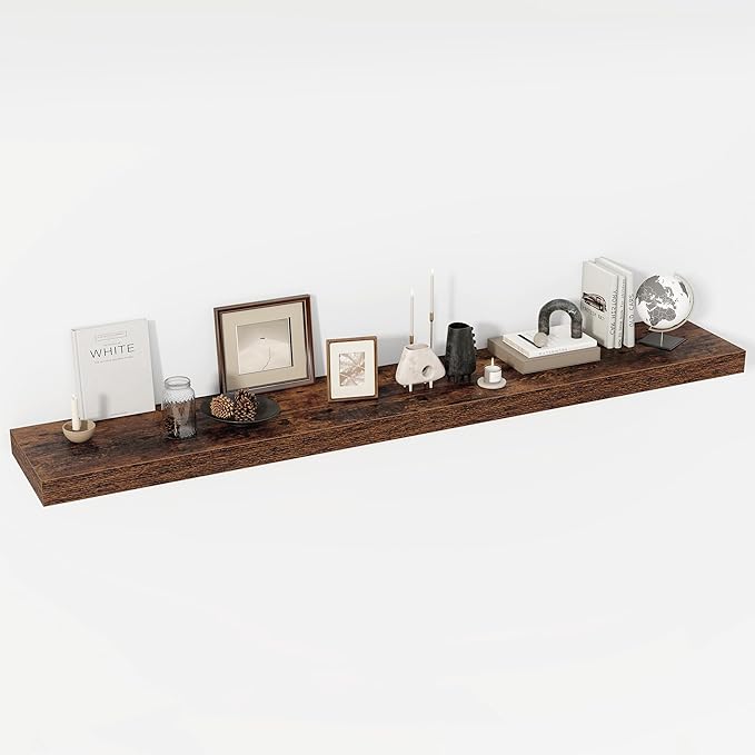 Acovy 72 Inch Floating Shelves, 12" Deep Floating Shelf Wall Mounted, 72" Wall Shelves, Rustic Deep Bookshelf, Extra Deeper & Thicker Display Shelves for Bedroom, Living Room, Brown, Set of 1