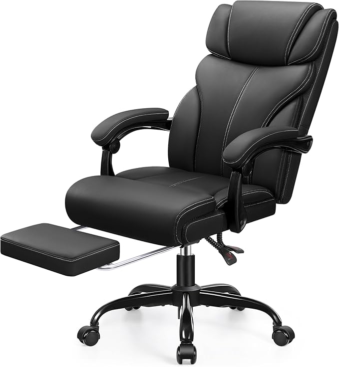 Office Chair, Executive Big and Tall Leather Desk Chairs with Footrest, Ergonomic Breathable Computer Chair with Adjustable High Back, Lumbar Support Swivel PC Chairs with Rocking Function