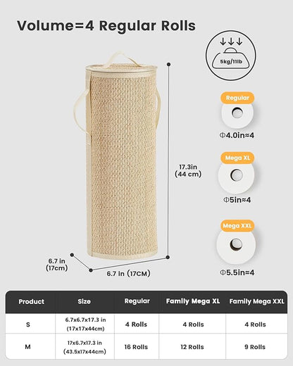 Bamboo Toilet Paper Storage Basket with Lid & Handle - 10L Handwoven Bathroom Organizer for 4 Rolls - Sturdy Stand Holder for Toilet Paper Organization, Light Natural