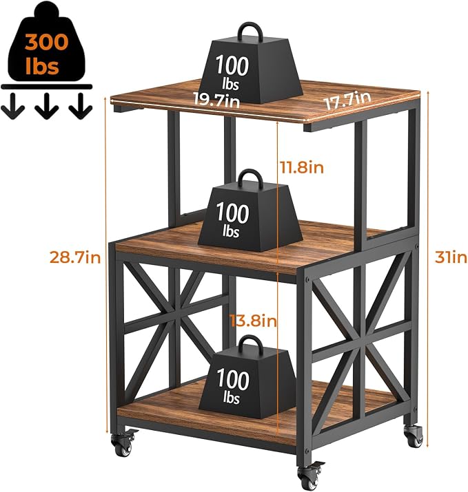 GreenForest Printer Stand with Lockable Wheels, Heavy Duty Printer Table | 3-Tier Storage Shelf, Fit 2-3 Printers/3d/Heat Press/Laser, Rolling Cart for Home Office, Small Spaces, 19.7"x17.7", Walnut