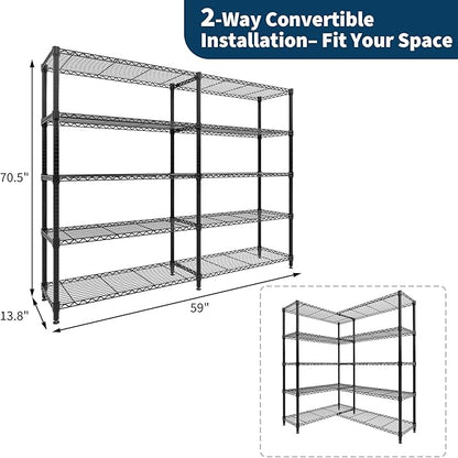 GarveeLife 70" H Storage Shelves L-Shaped 1325 LBS Heavy Duty Metal Shelving 5-Tier Wire Shelving for Corner Storage Rack Adjustable Pantry Shelf for Kitchen Pantry, 70.5" H x 59" W x 13.8" D