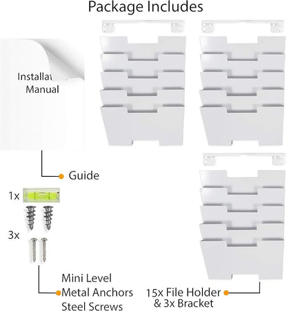 Wallniture Lisbon 15-Tier Wall Mounted File Holder and Desk Organizer, Metal White Office Organization and Storage Rack