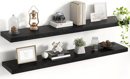 Acovy 48 Inch Floating Shelves, 8 Inch Deep Floating Shelves for Wall, Hanging Shelf with Invisible Brackets, Deep Shelves for Bathroom, Bedroom, Living Room, Black, Set of 2
