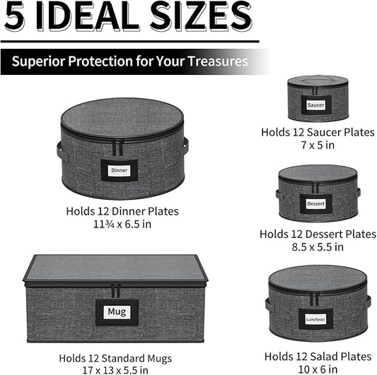 Aokeyee 5-Piece China Storage Containers Set, Hard Shell Moving Boxes for Dishes, Plates & Mugs – Dinnerware Organizer with Soft Felt Dividers, Sturdy Handles & Zippers, Grey