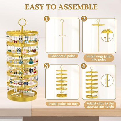 MODOWEY 6 Tier Rotating Earring Holder Organizer Display Tree with Metal Tray, Adjustable Plastic Stand with 342 Slots for Stud Hoop Hanger, Large Capacity Storage Rack for Women Space-Saving, Gold