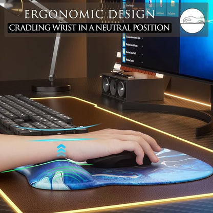 MROCO Ergonomic Mouse Pad with Gel Wrist Rest, 9.4 x 8.1 in, Blue Waves | Ergonomic Shape Design, Multiple Pattern Options, Gel Wrist Comfort, Smooth Lycra Surface, Non-Slip PU Base