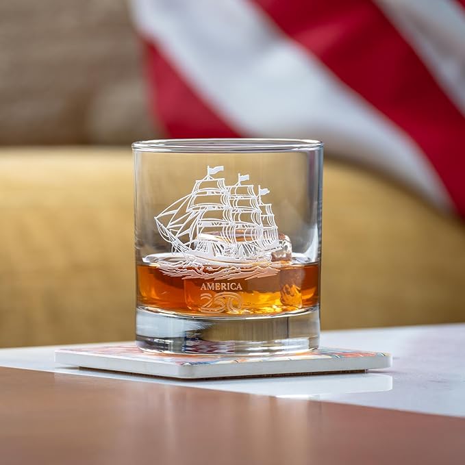 Rolf Glass America250™ Tall Ship On the Rocks Glass | 10oz Whiskey Glass | Made in America | Deep Engraved 13-Star Flag | Officially Licensed America250™ Product | Set of 2
