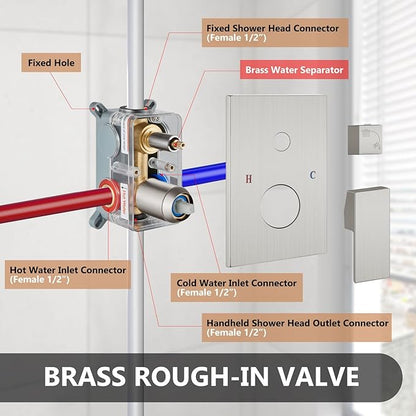 Shower Faucet Set Rainfall Shower System with Square Showerhead and Handle Set Fixture with 2 in 1 Function Handheld Sprayer Wall Mounted Trim Repair Kit Rough-in Valve 10 Inch Brushed Nickel