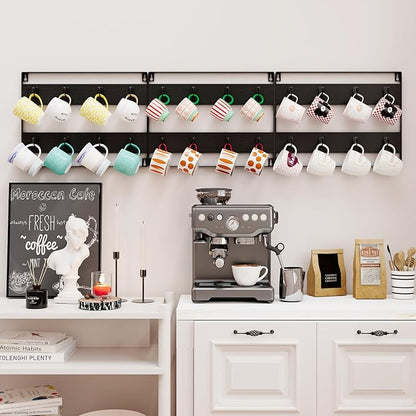 IBUYKE Mug Racks for Wall,Set of 3, 24-Hook Large Coffee Mug Holder Wall Mounted, Rustic Wood Coffee Mug Rack Display Organizer for Kitchen, Home,Bar,Black TBJ005B-3