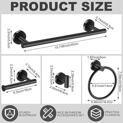 Blulu 20 Pcs Bathroom Hardware Set, Stainless Steel Towel Bar Set Includes 16 Inch Towel Bar, Hook, Ring, Toilet Paper Holder Wall Mounted Bathroom Accessories (Matte Black)