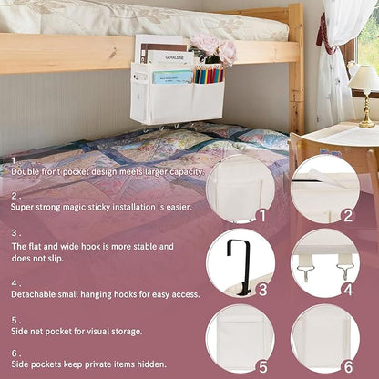 Bedside Storage Organizer 5 Pockets with 4 Hooks Hanging Storage Bag for Headboards/Bunk Bed (White)