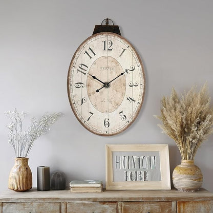 MODE HOME Large French Country Oval Wall Clock for Living Room Decor, 18 x 29 Inch Rustic Farmhouse Wall Clock Decorative, Solid Wood Frame with Iron Hanging Ring, Silent Non-Ticking Battery Operated