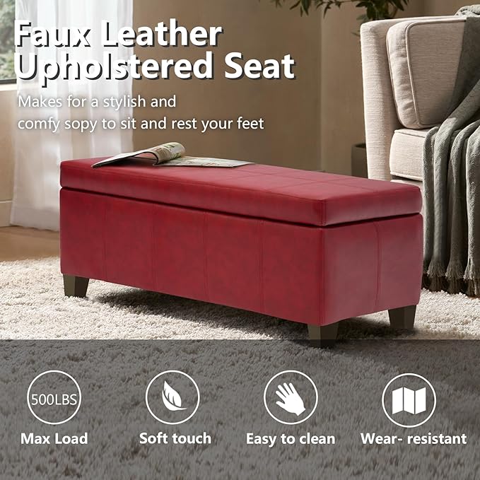41" Storage Ottoman, Storage Bench with Safety Hinge, Upholstered Synthetic Leather Ottoman Bench for Bedroom, Living Room, Entryway, Hallway, Foot Rest, Support 500lbs