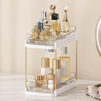 2 Tier Bathroom Counter Organizer, Removable Clear Tray Vanity Shelf for Makeup, Perfume, Skincare,Slide out Cosmetics Countertop Storage Rack for Bathroom Dresser，White