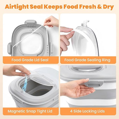 30 Lbs Dog Food Storage Container with Wheels, Collapsible Pet Food Storage Container with Clear Window, Measuring Cup & Scoop, BPA Free Cat Food Container for Rice, Flour, Grain, Bird Seed