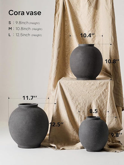 Black Ceramic Vase - Large 12.5 Inch Round Floor Vase for Centerpieces, Farmhouse Flower Vases, Rustic Minimalist Home Decor,Sandstone Dark Grey