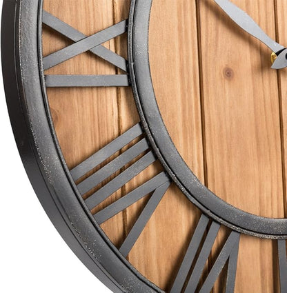 Oldtown Farmhouse Metal & Solid Wood Noiseless Wall Clock (Wood, 18-inch)