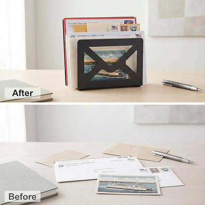 MyGift Black Metal Desktop Mail Holder with Cutout Envelope Design Home and Office Desk Letter Organizer