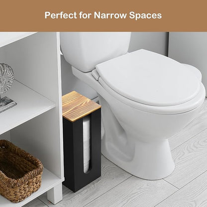 OUTNILI Freestanding Toilet Paper Holder Stand with Lid, Black Wooden Toilet Paper Storage Organizer for Bathroom Floor, Rustic Farmhouse Toilet Paper Storage Holds 3 Extra Large Rolls