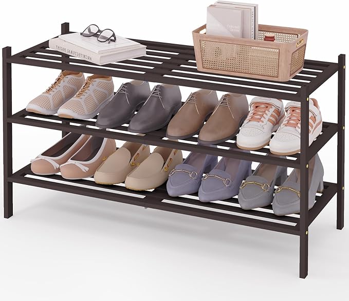 Smiry Long Bamboo Shoe Rack 3-Tier, Stackable Wooden Shoe Organizer for Entryway & Closet, Free Standing Wood Shoe Storage Shelf for Front Door & Small Spaces, Brown