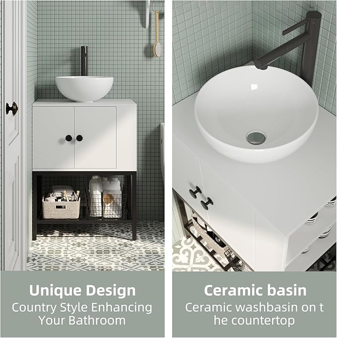 Modern Floor-Standing Bathroom Vanity with Ceramic Vessel Sink, 24 Inch White Wood Storage Cabinet with Black Steel Base, Minimalist Design Easy Assembly for Small Bathrooms