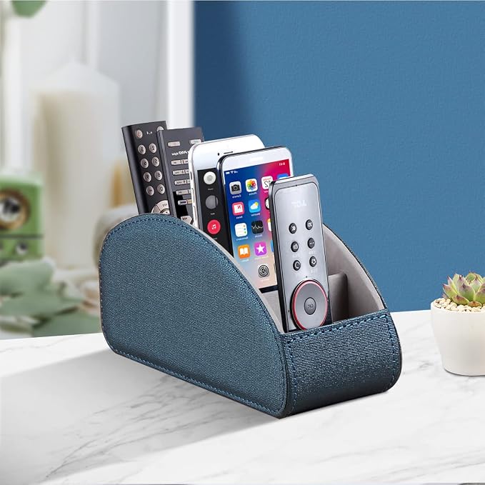 Remote Control Holder, Leather 5 Rooms Desk Organizer and Decorations for Living Room, Bedside Table Remotes Caddy for TV Controllers/ Makeup Brush Pen/ Office Stationery/ Art Supplies/ Eyeglasses