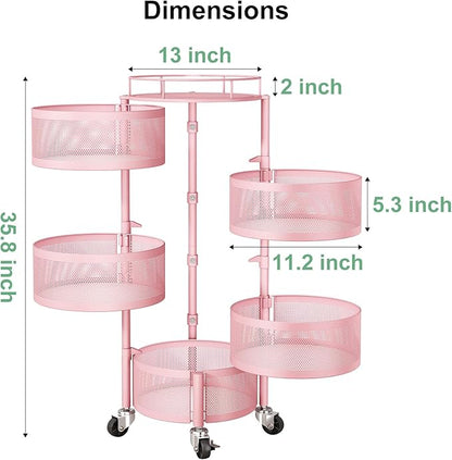 SAYZH Fruit Vegetable Basket for Kitchen, Rotating Storage Rack, 5 Tier Rolling Cart with top lid, Large Metal Wire Wheels, Pink