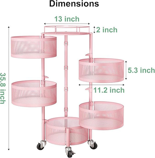 SAYZH Fruit Vegetable Basket for Kitchen, Rotating Storage Rack, 5 Tier Rolling Cart with top lid, Large Metal Wire Wheels, Pink